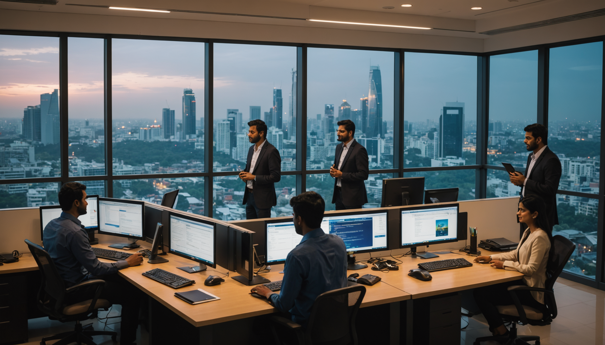 Indian BFSI software engineers collaborating in a modern Bengaluru fintech office at dusk