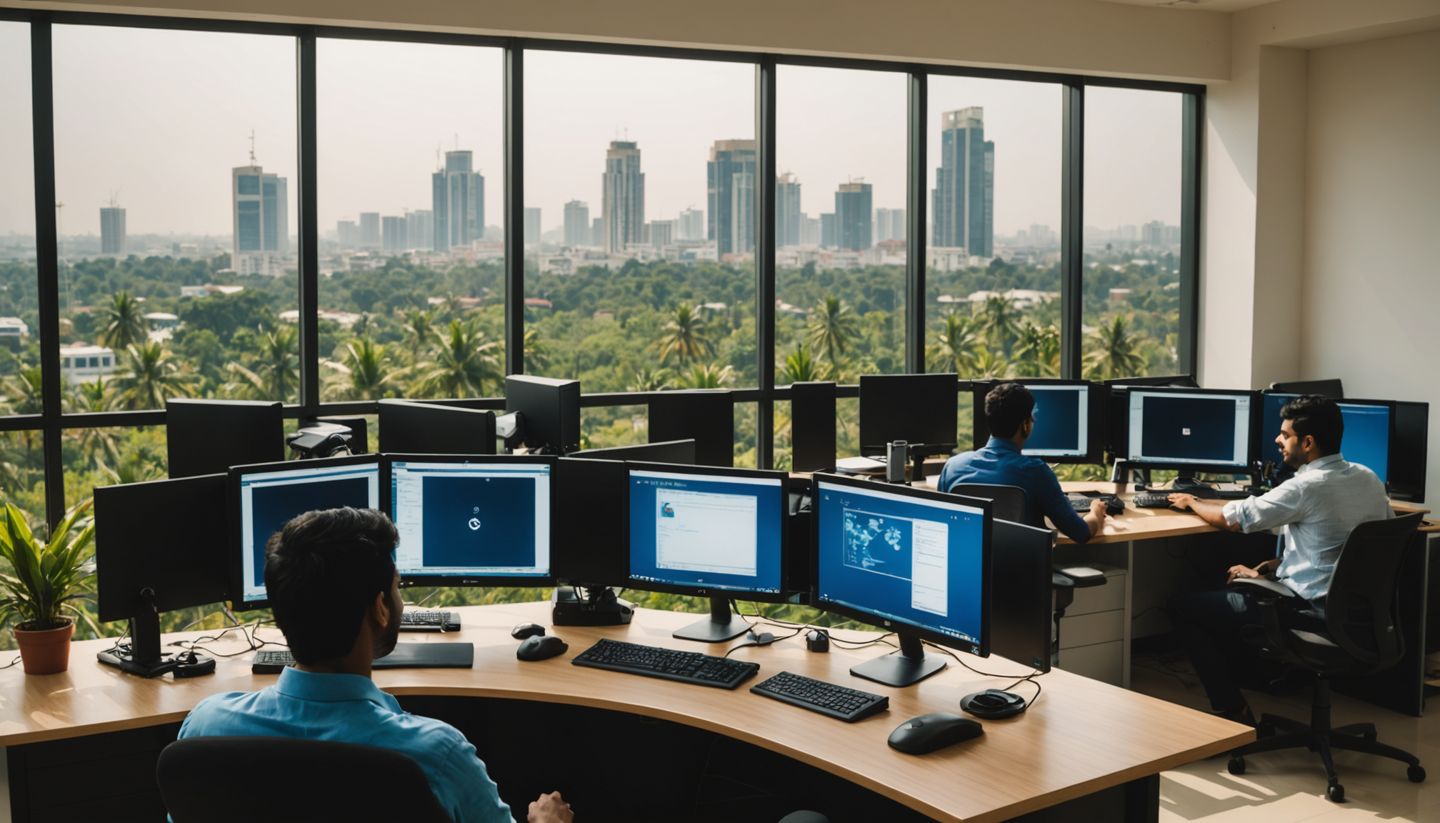 Indian software engineers working in a modern Bengaluru IT park office